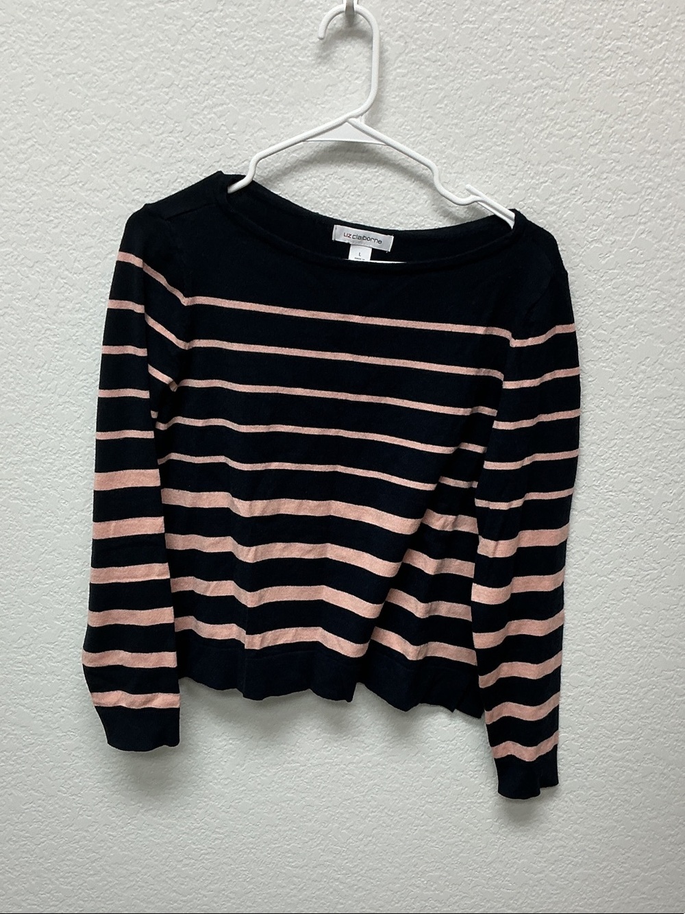 Liz Claiborne Black and Light Pink Striped Scoop Neck Sweater